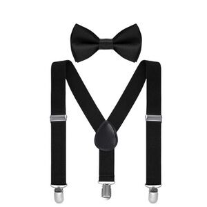 NWT Mens Classic Black Y Back Clip Adjustable Elastic Suspenders Bow Tie Set